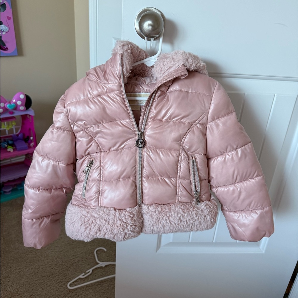 MK Pink Puffer Jacket with Faux Fur Trim